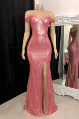 Gold Sequins Off Shoulder Side Slit Sexy Prom Dress
