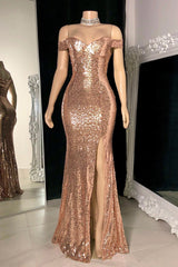 Gold Sequins Off Shoulder Side Slit Sexy Prom Dress