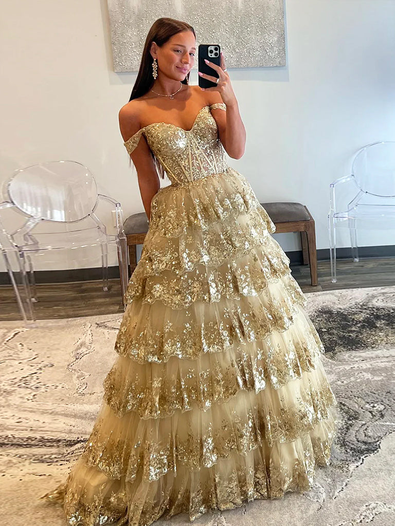 Gold A-Line Tulle Gold Sequin Long Prom Dress, Gold Long Evening Dress