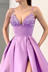 Gorgeous A Line Sequins Evening Dress with Split - Spaghetti-Straps Lavender