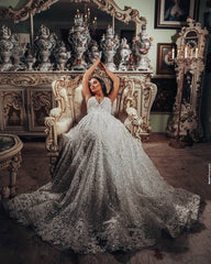 Gorgeous A-Line V-Neck Wedding Dress with 3D Floral Lace