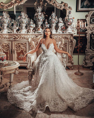 Gorgeous A-Line V-Neck Wedding Dress with 3D Floral Lace