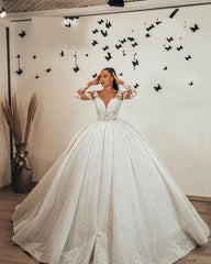 Gorgeous Ball Gown Sweetheart Wedding Dress with Long Sleeves, Ruffles, Appliques, Lace & Sequins