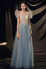 Gorgeous Beaded V-Neck Prom Dress with Bubble Sleeves