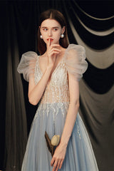 Gorgeous Beaded V-Neck Prom Dress with Bubble Sleeves