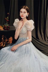 Gorgeous Beaded V-Neck Prom Dress with Bubble Sleeves