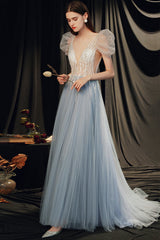 Gorgeous Beaded V-Neck Prom Dress with Bubble Sleeves