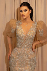 Gorgeous Bubble Sleeves Mermaid Evening Dress Champagne Tulle With Beadings