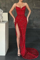 Gorgeous Burgundy Spaghetti-Straps Mermaid Evening Dress Sequins With Slit