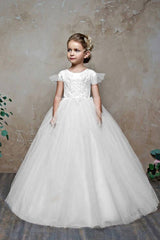 Gorgeous Cap Sleeveless Tulle Flower Girl Dress with Zipper Button Back and Bowknot