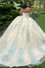 Gorgeous Champagne Off-Shoulder Appliques Ball Gown Prom Dress