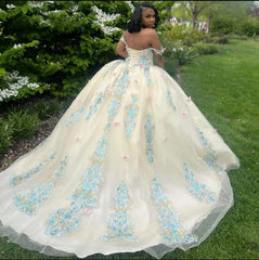 Gorgeous Champagne Off-Shoulder Appliques Ball Gown Prom Dress