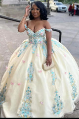 Gorgeous Champagne Off-Shoulder Appliques Ball Gown Prom Dress