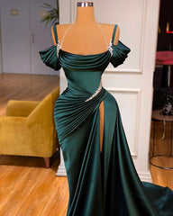 Gorgeous Dark Green Strap Side Slit Ruffles Prom Dress with Crystal