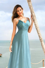 Gorgeous Dusty Blue V-Neck Prom Dress Long Tulle Evening Party Gowns
