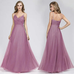 Gorgeous Dusty Blue V-Neck Prom Dress Long Tulle Evening Party Gowns