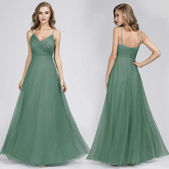 Gorgeous Dusty Blue V-Neck Prom Dress Long Tulle Evening Party Gowns