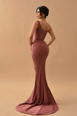 Gorgeous Dusty Rose One-Shoulder Mermaid Prom Dress with Pleats and Split