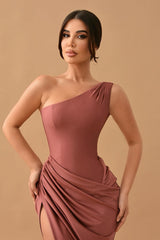 Gorgeous Dusty Rose One-Shoulder Mermaid Prom Dress with Pleats and Split
