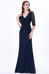 Gorgeous Half-Sleeve Lace Navy Evening Dresses Mermaid Prom Gowns