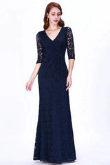 Gorgeous Half-Sleeve Lace Navy Evening Dresses Mermaid Prom Gowns