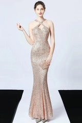 Gorgeous Halter Sequins Long Mermaid Evening Prom Dress Online