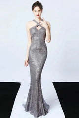 Gorgeous Halter Sequins Long Mermaid Evening Prom Dress Online