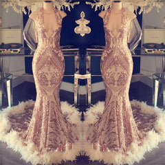 Gorgeous Halter V-Neck Sequins Mermaid Prom Dress with Fur
