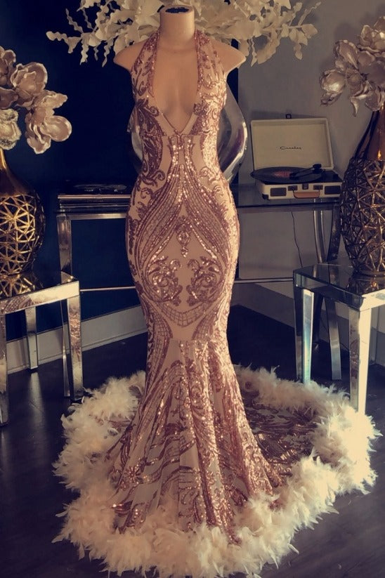 Gorgeous Halter V-Neck Sequins Mermaid Prom Dress with Fur