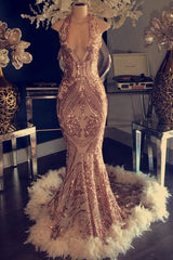 Gorgeous Halter V-Neck Sequins Mermaid Prom Dress with Fur