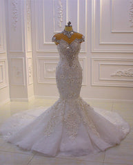 Gorgeous High Neck Crystal Tulle Floor-length Mermaid Wedding Dress with Appliques Lace