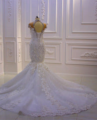 Gorgeous High Neck Crystal Tulle Floor-length Mermaid Wedding Dress with Appliques Lace