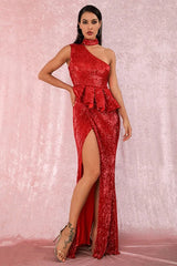 Gorgeous High-Neck One Shoulder Sequins Prom Dress Long Evening Party Gowns With Split