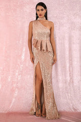 Gorgeous High-Neck One Shoulder Sequins Prom Dress Long Evening Party Gowns With Split