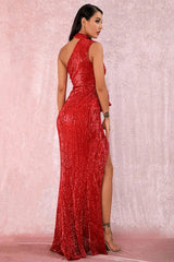 Gorgeous High-Neck One Shoulder Sequins Prom Dress Long Evening Party Gowns With Split
