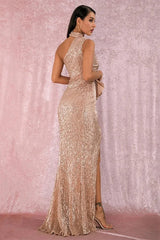 Gorgeous High-Neck One Shoulder Sequins Prom Dress Long Evening Party Gowns With Split