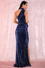 Gorgeous High-Neck One Shoulder Sequins Prom Dress Long Evening Party Gowns With Split