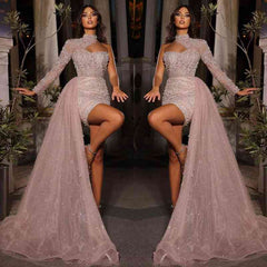 Gorgeous High Neck Prom Dress with Pearls and Ruffles