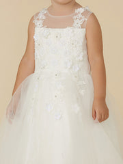 Gorgeous Lace Tulle Sleeveless Illusion Neck Flower Girl Dress With Beading Appliques