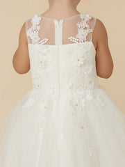 Gorgeous Lace Tulle Sleeveless Illusion Neck Flower Girl Dress With Beading Appliques