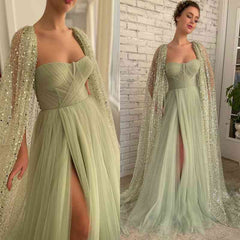 Gorgeous Long A-line Strapless Tulle Front Slit Prom Dress with Cape
