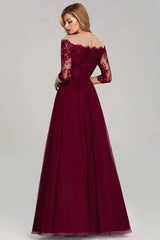 Gorgeous Long Sleeve Burgundy Prom Dress Lace Evening Party Gowns