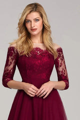 Gorgeous Long Sleeve Burgundy Prom Dress Lace Evening Party Gowns