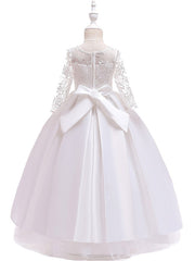 Gorgeous Long Sleeve Jewel Neck Flower Girl Dress with Tulle Satin Crystals and Lace Belt