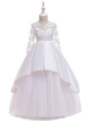 Gorgeous Long Sleeve Jewel Neck Flower Girl Dress with Tulle Satin Crystals and Lace Belt