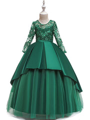 Gorgeous Long Sleeve Jewel Neck Flower Girl Dress with Tulle Satin Crystals and Lace Belt
