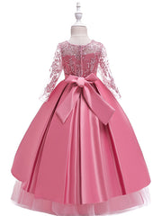 Gorgeous Long Sleeve Jewel Neck Flower Girl Dress with Tulle Satin Crystals and Lace Belt