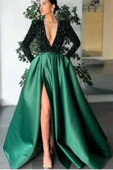 Gorgeous Long Sleeves Deep V-Neck Evening Dress Sequins With Split