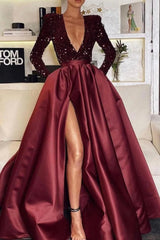 Gorgeous Long Sleeves Deep V-Neck Evening Dress Sequins With Split