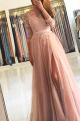 Gorgeous Long Sleeves Lace Tulle Evening Dress Long With Slit